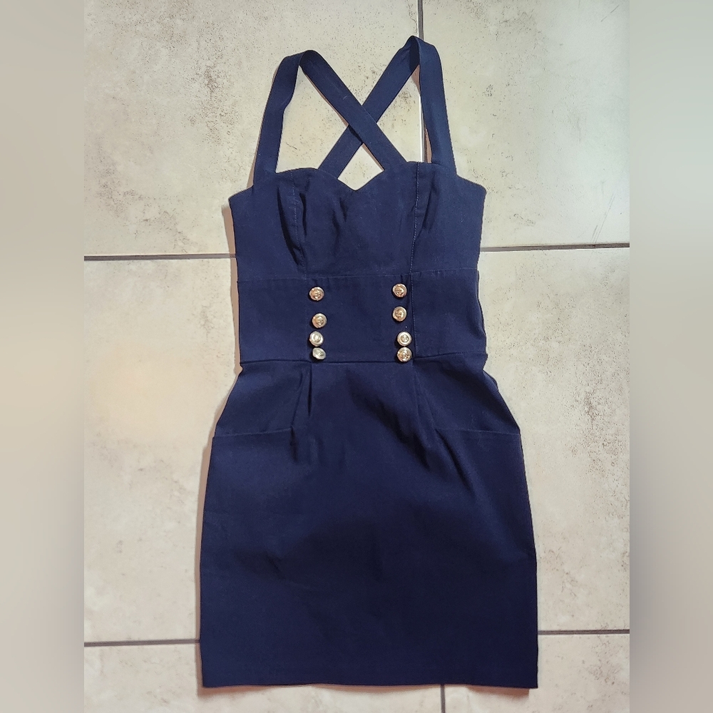 Elegant Navy Blue Bodycon Mini Dress, Rare, Size XS